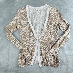 Banana Republic Cardigan Womens XS‎ Cream Brown Leopard Print Knit Long Sleeve